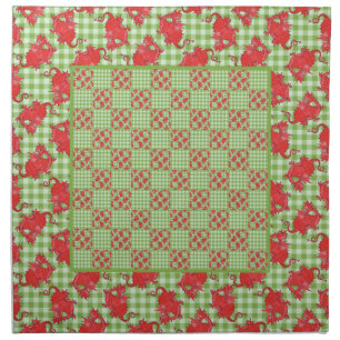 Set of Dinner Napkins: Red Dragons, Green Gingham Cloth Napkin
