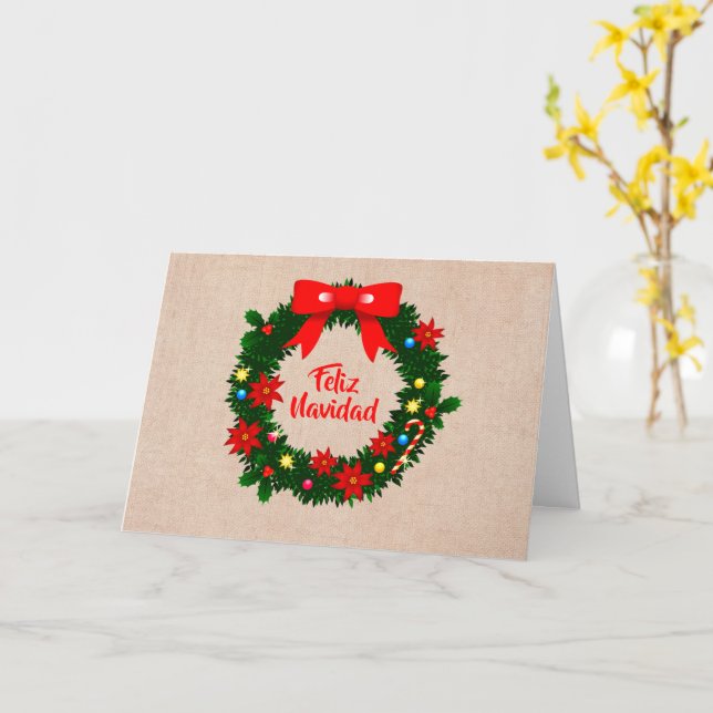 Set of Feliz Navidad Merry Christmas Wreath Bow Card (Yellow Flower)