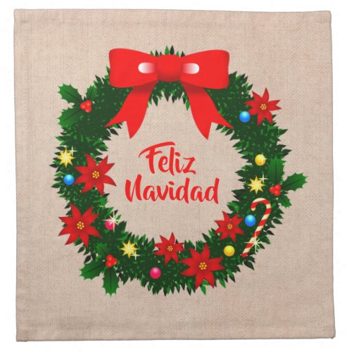 Set of Feliz Navidad Merry Christmas Wreath Bow Cloth Napkin