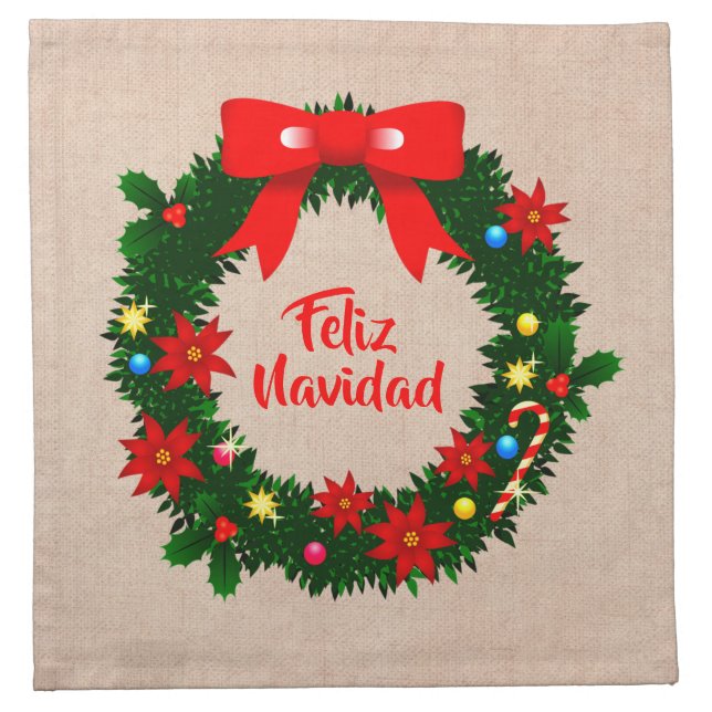 Set of Feliz Navidad Merry Christmas Wreath Bow Cloth Napkin (Front)