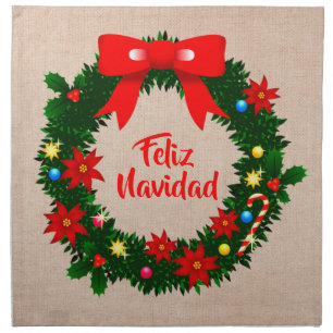Set of Feliz Navidad Merry Christmas Wreath Bow Cloth Napkin