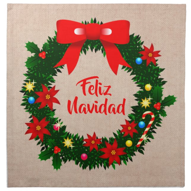 Set of Feliz Navidad Merry Christmas Wreath Bow Cloth Napkin (Front)