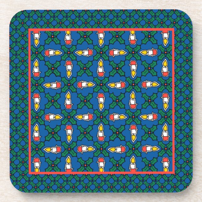 Set of Festive Coasters, Holly, Candles: Christmas Beverage Coaster (Front)