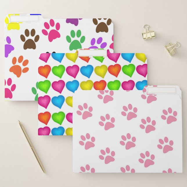 Set of File Folders Cat Dog Paw Prints Hearts (Set)