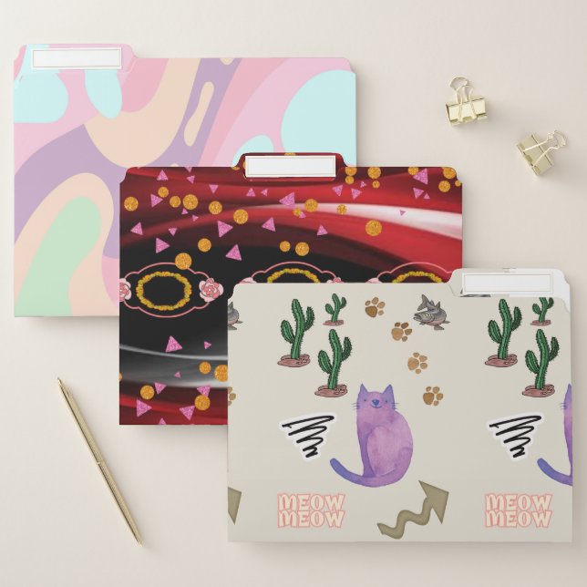 Set of File Folders Colorful Pastel Abstract Cat  (Set)