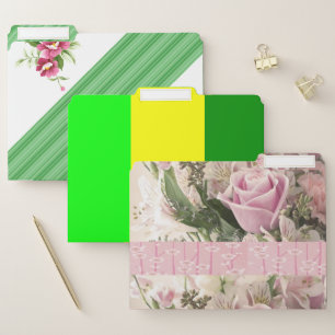 Set of File Folders Green Stripe Floral Pink Roses