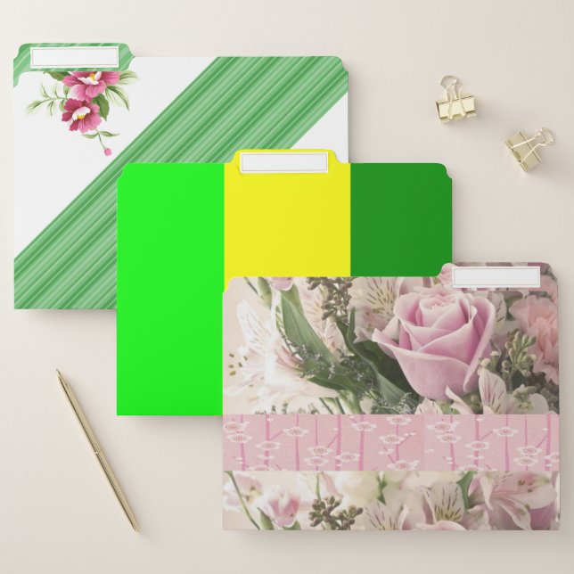 Set of File Folders Green Stripe Floral Pink Roses (Set)