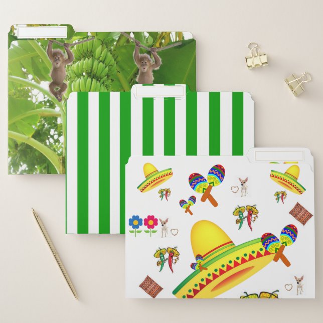 Set of File Folders Green Stripe Monkeys Sombrero (Set)