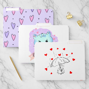 Set of File Folders Purple Pink Red Hearts Cat