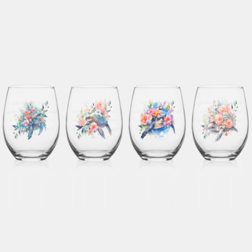 Set of Floral Sea Turtles with a Poem Stemless Wine Glass