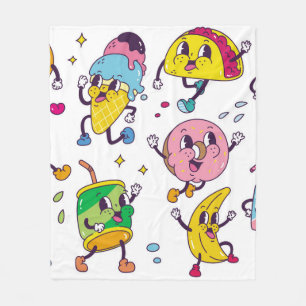 Set of food and drink in retro cartoon style illus fleece blanket