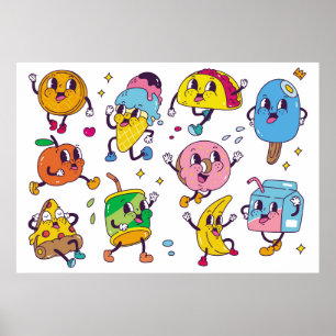 Set of food and drink in retro cartoon style illus poster