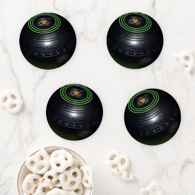 Set Of Four Black Lawn Bowls, Coaster Set (In Situ)
