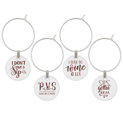 Set of Four Funny Wine Charms in Red Text