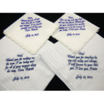 Set of Four "Parents" Wedding Day Handkerchiefs<br><div class="desc">Set of four exquisite handkerchiefs perfect for drying your parents tears on your wedding day. The two mother's handkerchiefs are made with a soft 100% cotton and edged with a soft satin stitched scallop design. This soft touch handkerchief measures approximately 10.5” x 10.5”. They are finished with personalized embroidery done...</div>