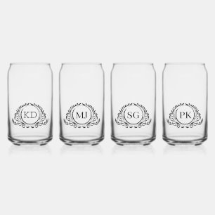 Set Of Four Vintage Circle Frame Monogram Can Glass