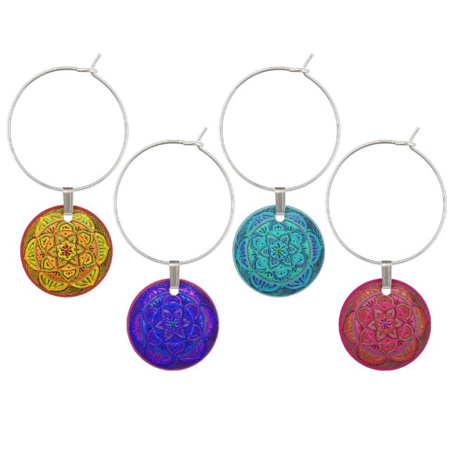 Set of Four Wine Charms with colorful mandalas (Staggered)