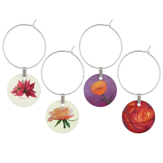 Set of Four Wine Charms with Fine Art Flowers (Staggered)