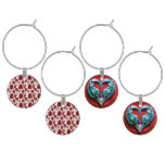 Set of Four Wine Charms with Red Rose and Love