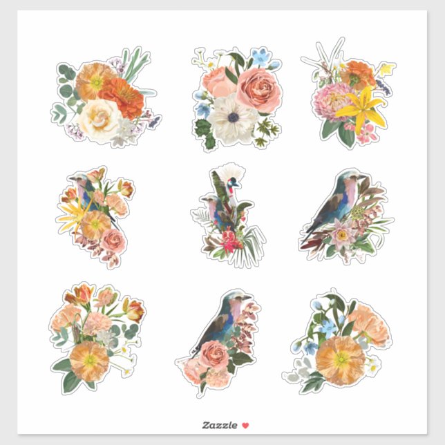 Set of garden spring flowers and birds elements.  sticker (Sheet)