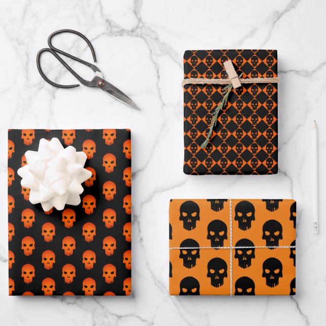 Set of Halloween Black & Orange Skulls Wrapping Paper Sheets (Front)