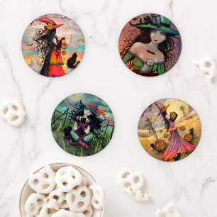 Set of Halloween Witch Art Molly Harrison Coaster Set