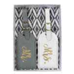 Set of Leather Mr & Mrs Honeymoon Luggage Tags<br><div class="desc">These leather Mr. and Mrs. luggage tags would make an adorable gift for the Bride & Groom! You can gift these luggage tags as a bridal shower or engagement gift! Luggage Tags come packaged in a pretty gift box,  as pictured.</div>