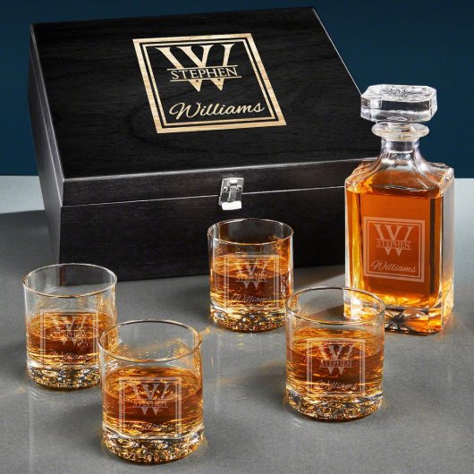 Set of Monogrammed Whiskey Glasses w/ Decanter (Front)