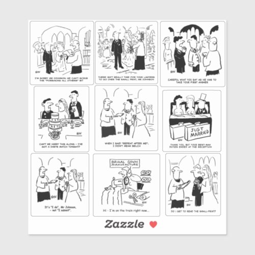 Set of Nine Funny Wedding Cartoons Sticker