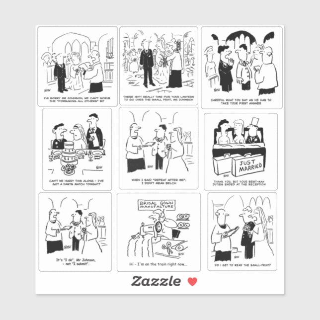 Set of Nine Funny Wedding Cartoons Sticker (Sheet)