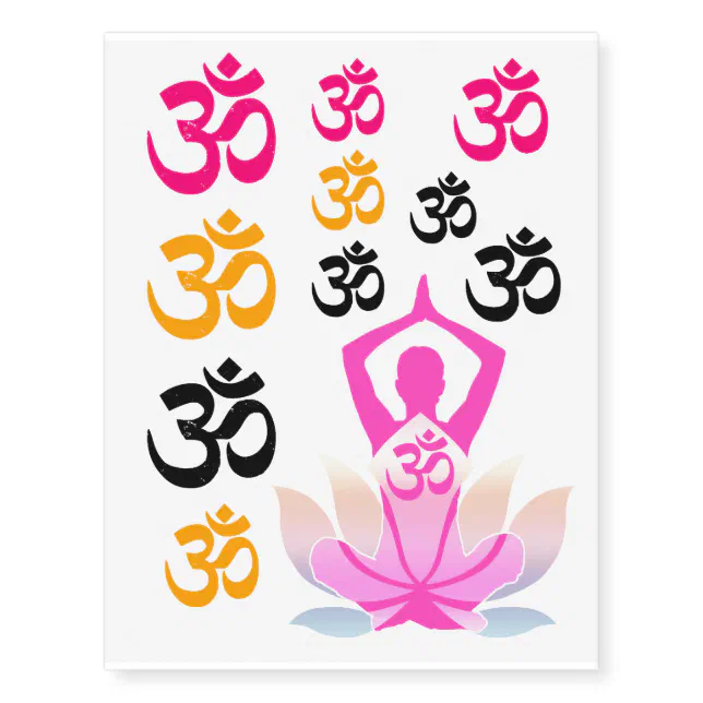 Set of OM Namaste Spiritual Lotus Flower Yoga Pose Temporary