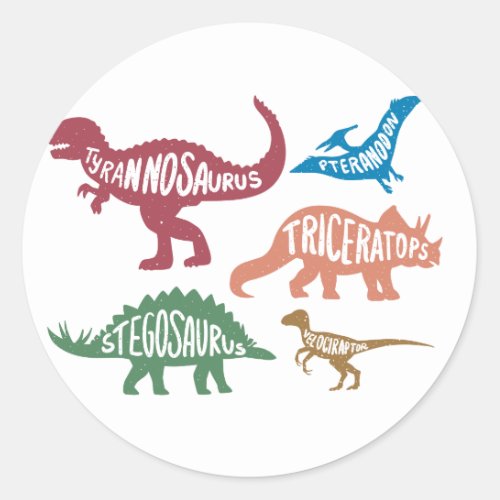 Set of silhouettes of different dinosaurs classic round sticker
