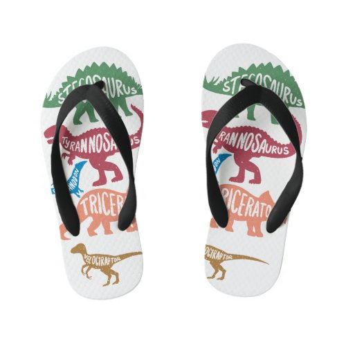 Set of silhouettes of different dinosaurs kids flip flops