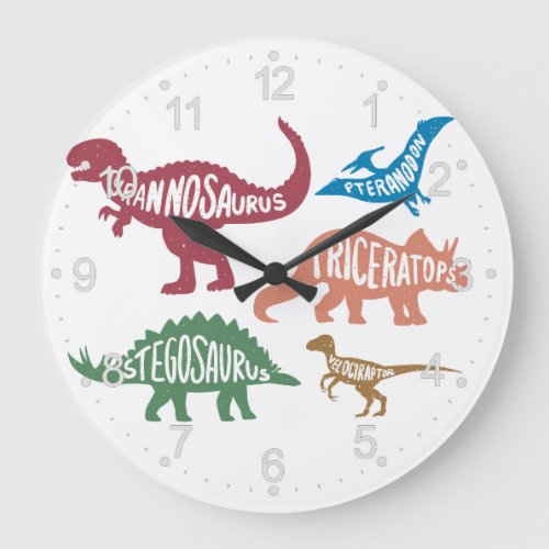 Set of silhouettes of different dinosaurs large clock