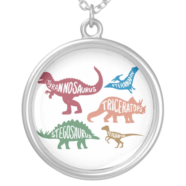 Set of silhouettes of different dinosaurs silver plated necklace (Front)