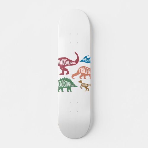 Set of silhouettes of different dinosaurs skateboard