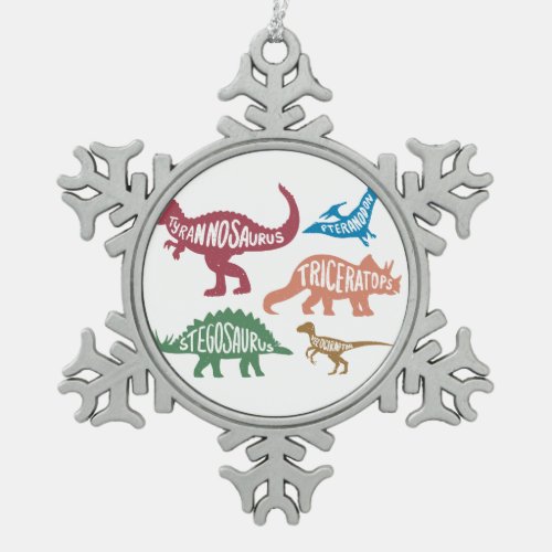 Set of silhouettes of different dinosaurs snowflake pewter christmas ornament