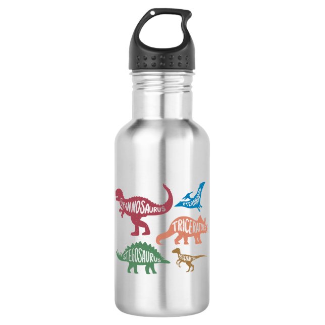 Set of silhouettes of different dinosaurs stainless steel water bottle (Front)