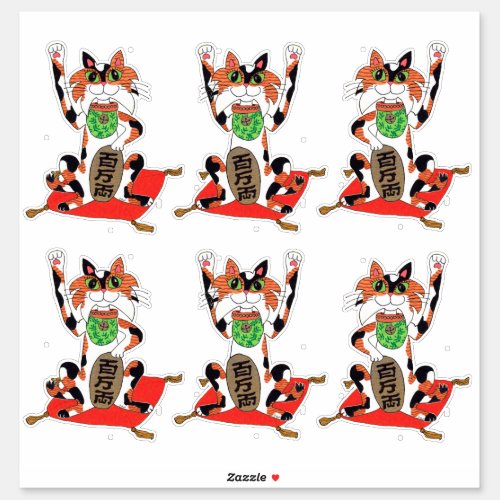 Set of Six Cute Maneki Neko Lucky Beckoning Cats Sticker