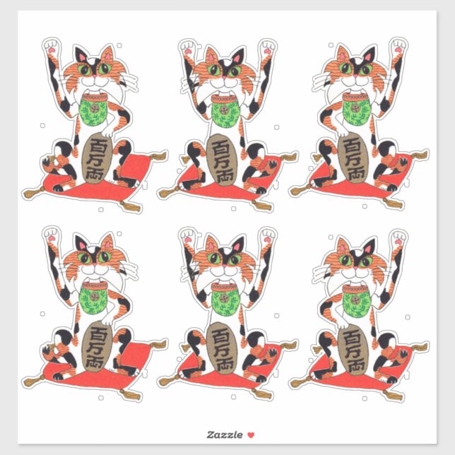 Set of Six Cute Maneki Neko Lucky Beckoning Cats Sticker (Sheet)