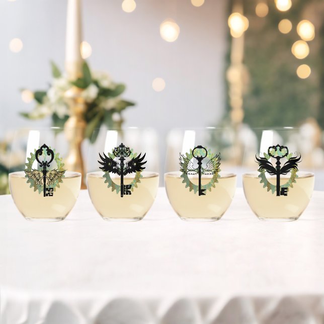 Set of Steampunk Winged Key Designs Stemless Wine Glass (Insitu (Wedding))