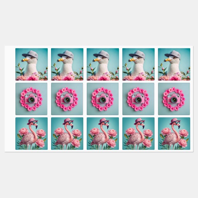 Set of stickers, seagull camera, flamingo blue bac labels (Sheet)