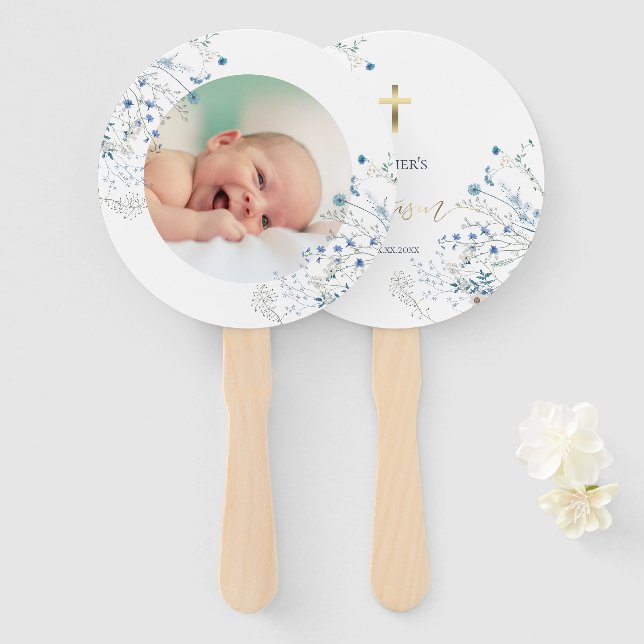 set of ten blue wildflowers Baptism Hand Fan (Front and Back)