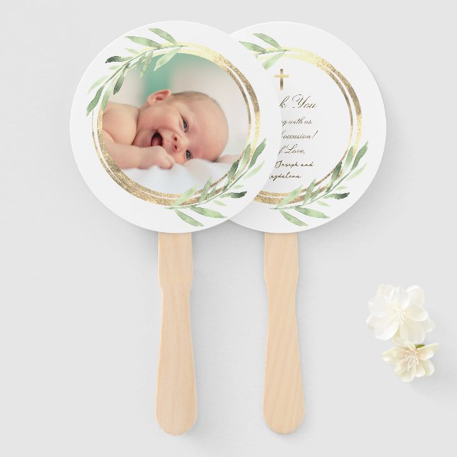 set of ten greenery faux foil frame Baptism Hand Fan (Front and Back)