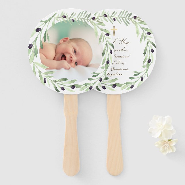 set of ten olive wreath Baptism Hand Fan (Front and Back)
