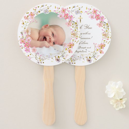 set of ten pink flowers frame Baptism  Hand Fan