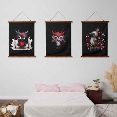 Set of Three Black and Red Angry Abstract Birds Hanging Tapestry