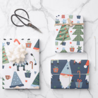 Set of Three Christmas Gnomes Trees Blue Green Red Wrapping Paper Sheets