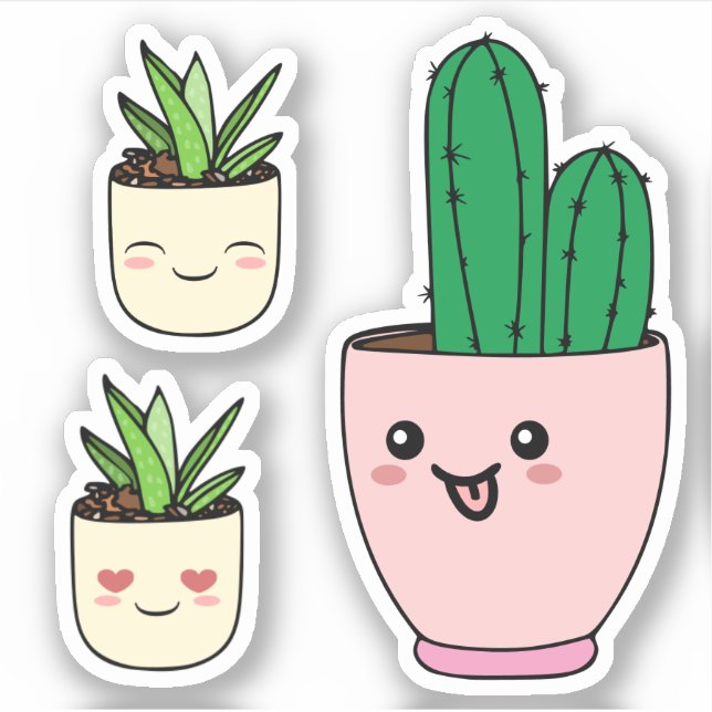  Set of Three Kawaii Succulent Plant Vinyl Cutout Sticker (Front)