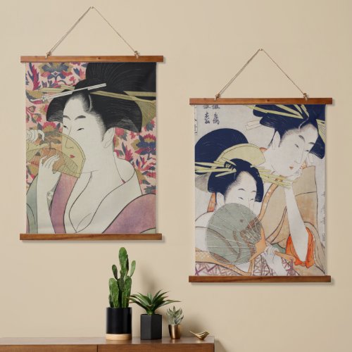 Set of Two Exquisite Vintage Japanese Geisha Art Hanging Tapestry
